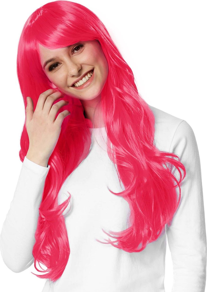 dressforfun - Pruik lang haar lokken pink  - verkleedkleding kostuum halloween verkleden feestkleding carnavalskleding carnaval feestkledij partykleding - 303628