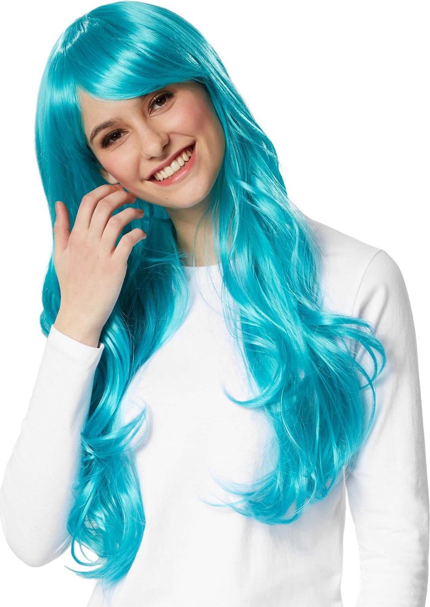 dressforfun - Pruik lang haar lokken turkoois  - verkleedkleding kostuum halloween verkleden feestkleding carnavalskleding carnaval feestkledij partykleding - 303629