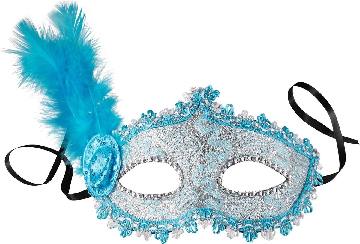 dressforfun - Venetiaans masker met zijdelingse veer blauw  -  verkleedkleding kostuum halloween verkleden feestkleding carnavalskleding carnaval feestkledij partykleding - 303551