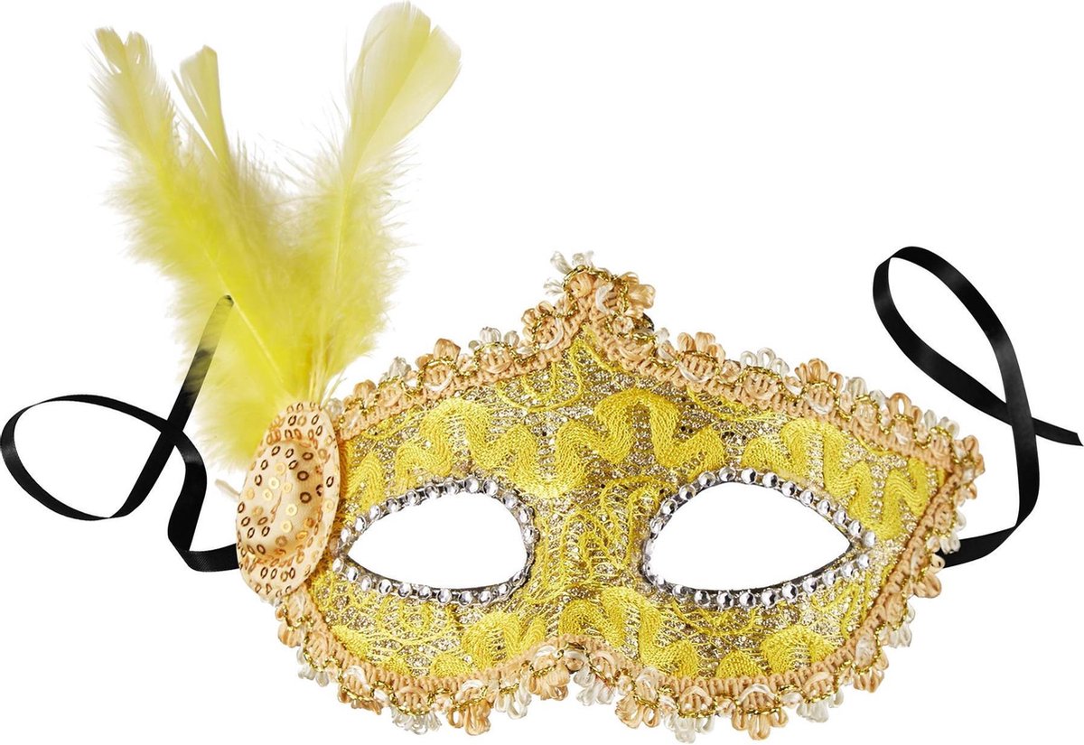 dressforfun - Venetiaans masker met zijdelingse veer geel  -  verkleedkleding kostuum halloween verkleden feestkleding carnavalskleding carnaval feestkledij partykleding - 303547