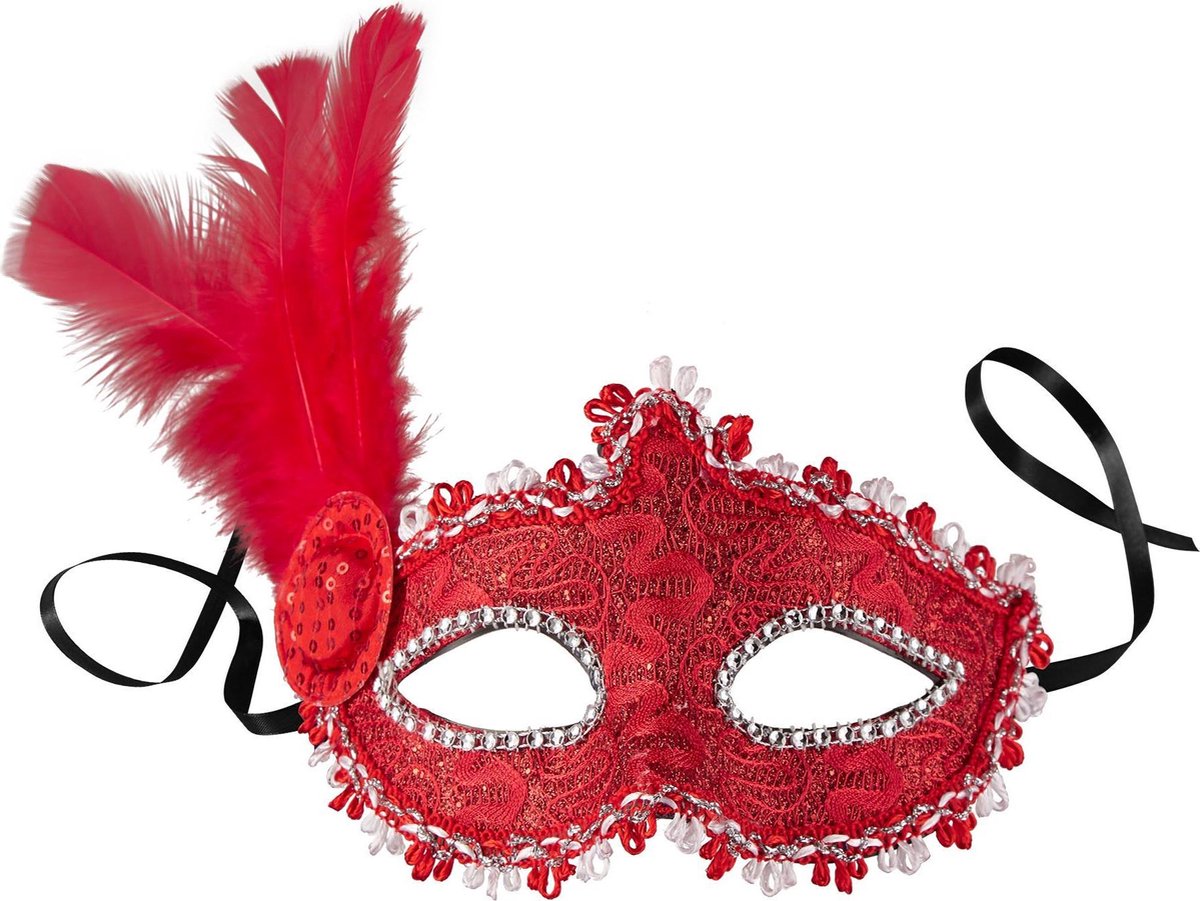 dressforfun - Venetiaans masker met zijdelingse veer rood  -  verkleedkleding kostuum halloween verkleden feestkleding carnavalskleding carnaval feestkledij partykleding - 303550