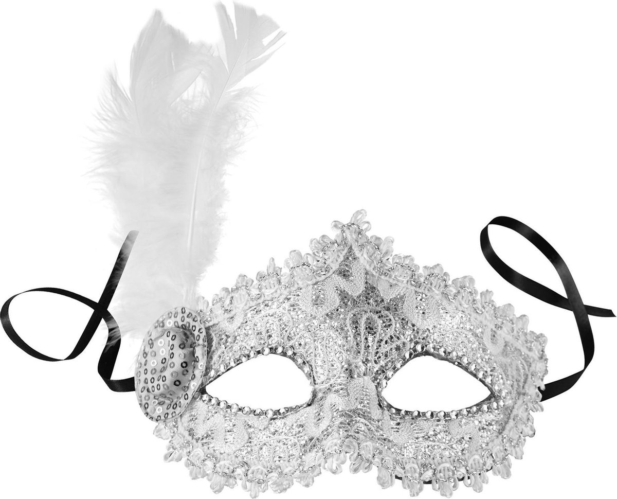 dressforfun - Venetiaans masker met zijdelingse veer zilver  -  verkleedkleding kostuum halloween verkleden feestkleding carnavalskleding carnaval feestkledij partykleding - 303548