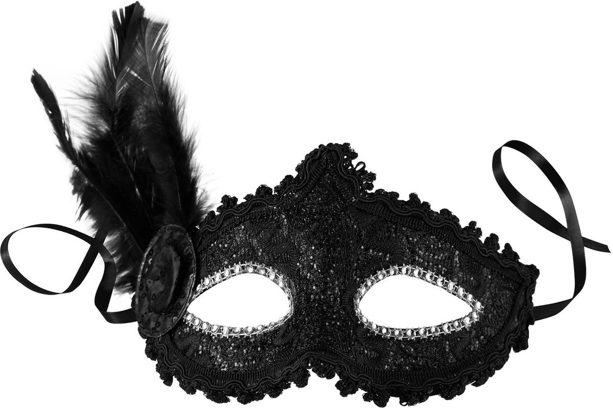 dressforfun - Venetiaans masker met zijdelingse veer zwart  -  verkleedkleding kostuum halloween verkleden feestkleding carnavalskleding carnaval feestkledij partykleding - 303549