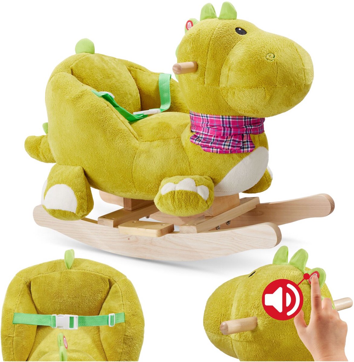 tectake® Dino Schommelstoel - Schommeldier met Geluid - Hobbeldier met Pluche Bekleding - Met Rugleuning en Veiligheidsriem - Vanaf 12 Maanden - Baby - 50 cm Hoog - Dinosaurus - Schommelpaard - Hobbelpaard