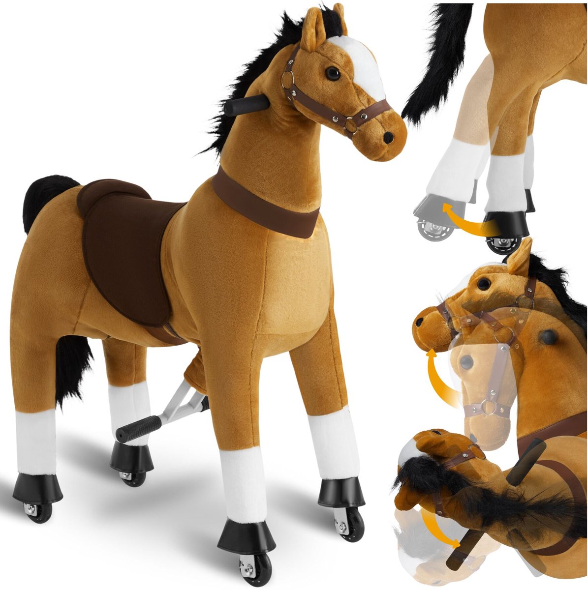 tectake® Hobbelpaard op wielen – Rijdend speelgoed paard - Pluche paard met antislip handgrepen - Voor kinderen van 3-12 jaar - Stalen frame - Binnen & buiten gebruik - bruin, 34x89x100cm