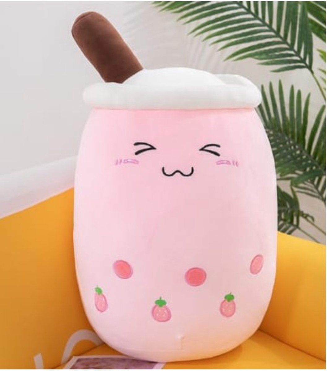 Bubble Tea Knuffel - Teedz - Kinderen - Kleurrijk - Kussen - Roze - Aardbei - Decor + Sleutelhanger cadeau!