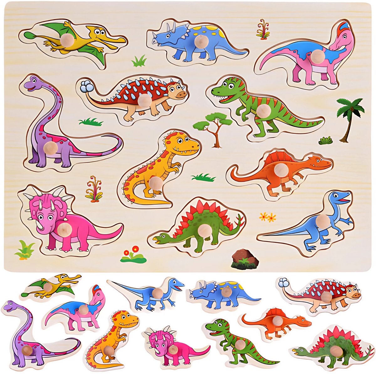 Dinosaurus - Houten puzzels voor kinderen 1 jaar / 2 jaar / 3 jaar - Educatief speelgoed - Cadeau jongen / meisje - Baby / Dreumes / Peuter - Traktatie - Uitdeelcadeaus
