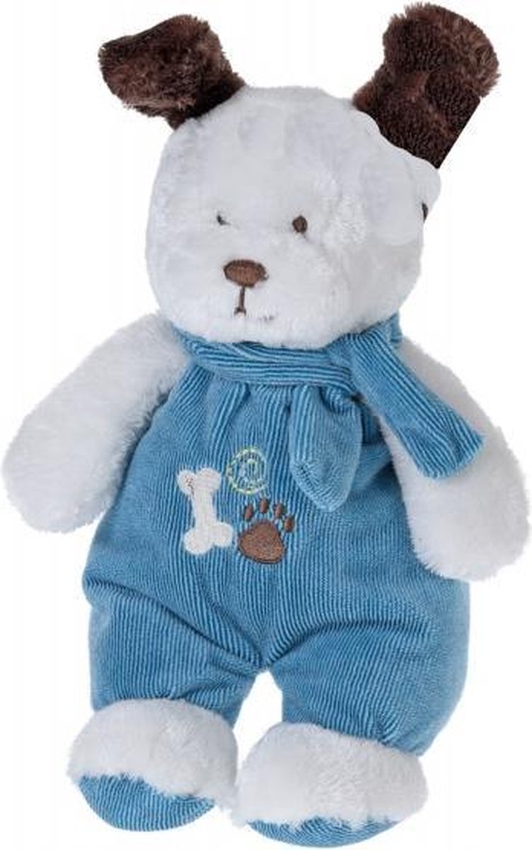 knuffelhond met kleren en sjaal 27 cm wit/blauw