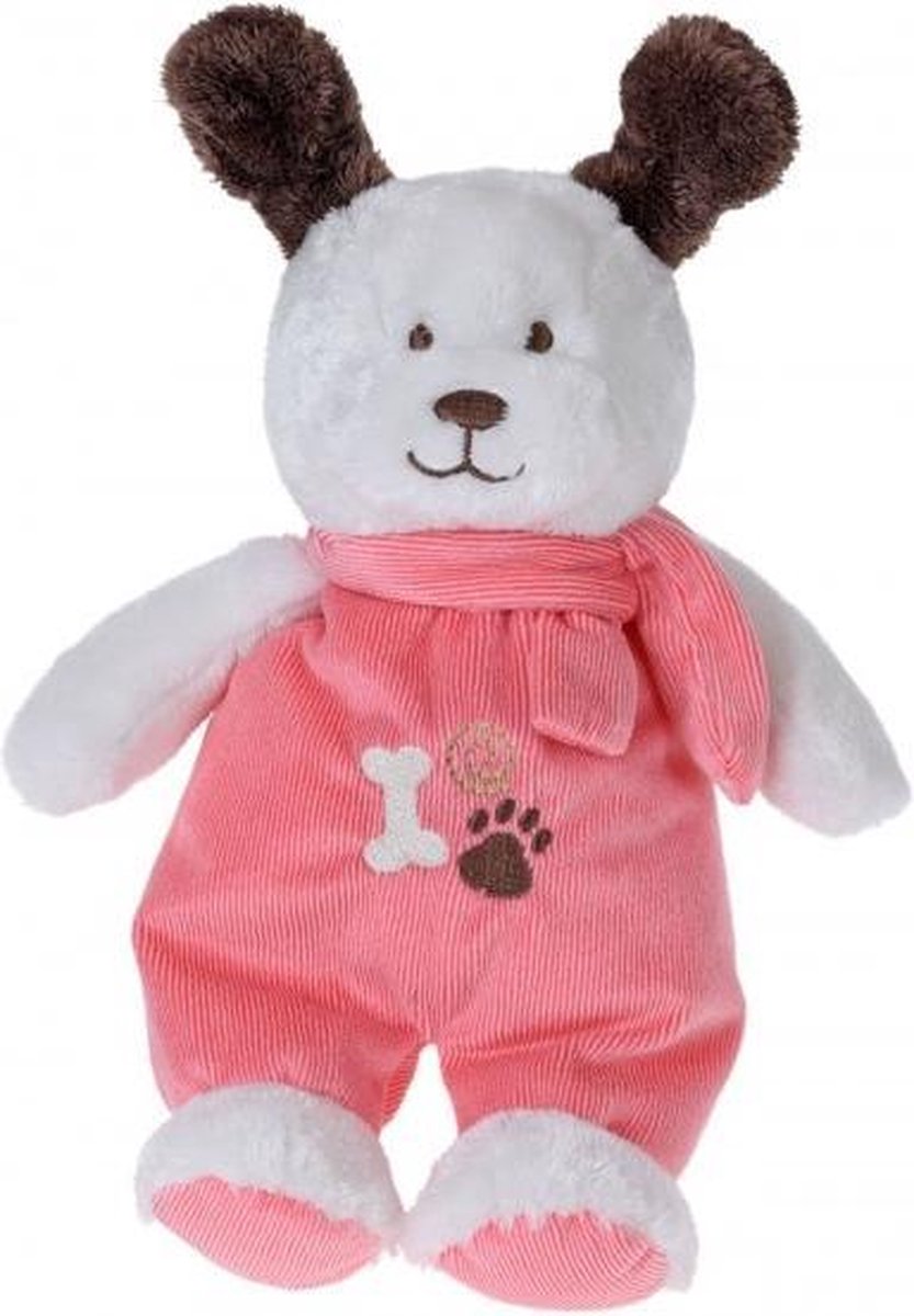 knuffelhond met kleren en sjaal 27 cm wit/roze