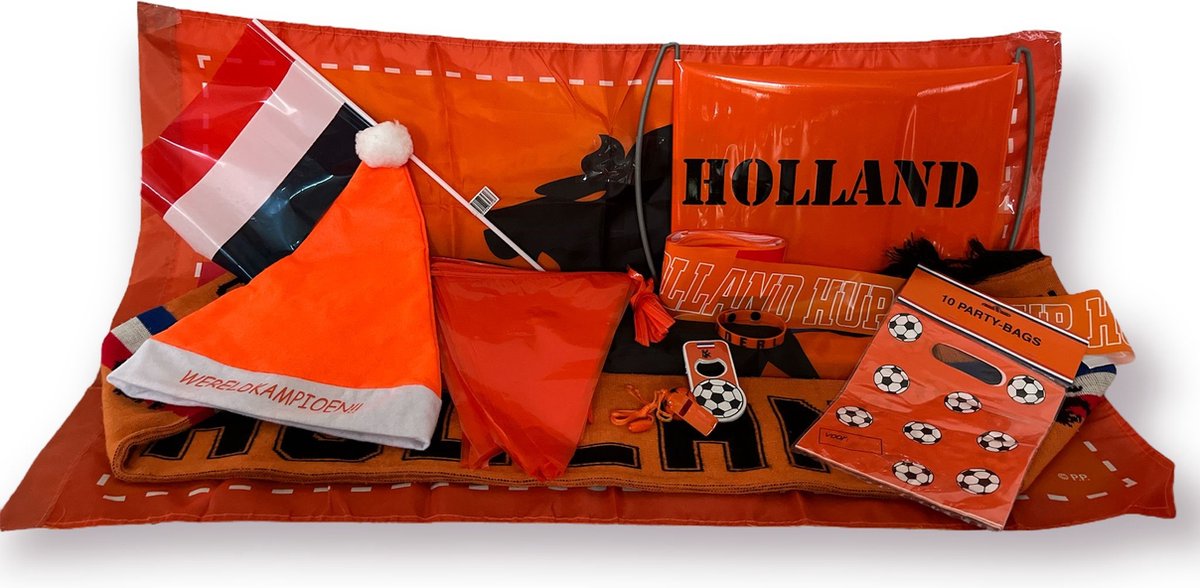 WK-pakket M – 11-delig EK pakket voor de oranje supporter / WK2022 / vlaggenlijn 10 meter / vlag 100x70cm / oranje kerstmuts / oranje decoratie / oranje versiering / sjaal / opener