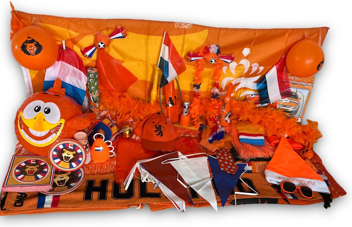 WK-pakket XL – 51-delig EK pakket voor de oranje supporter / WK2022 / vlaggenlijn 10 meter / vlag 150x100cm / oranje kerstmuts / oranje decoratie / oranje versiering / vlag 100x70cm / hoofdparaplu