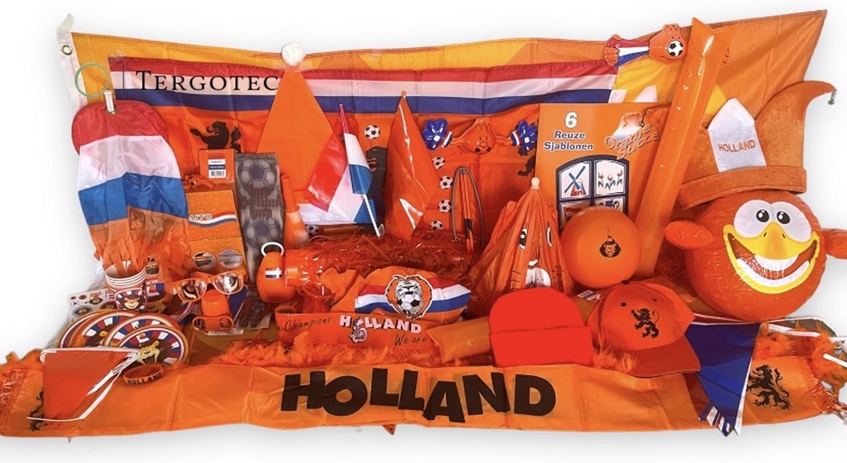 WK-pakket XL – 52-delig EK pakket voor de oranje supporter / WK2022 / vlaggenlijn 10 meter / vlag 150x100cm / oranje kerstmuts / oranje decoratie / oranje versiering / vlag 100x70cm / hoofdparaplu