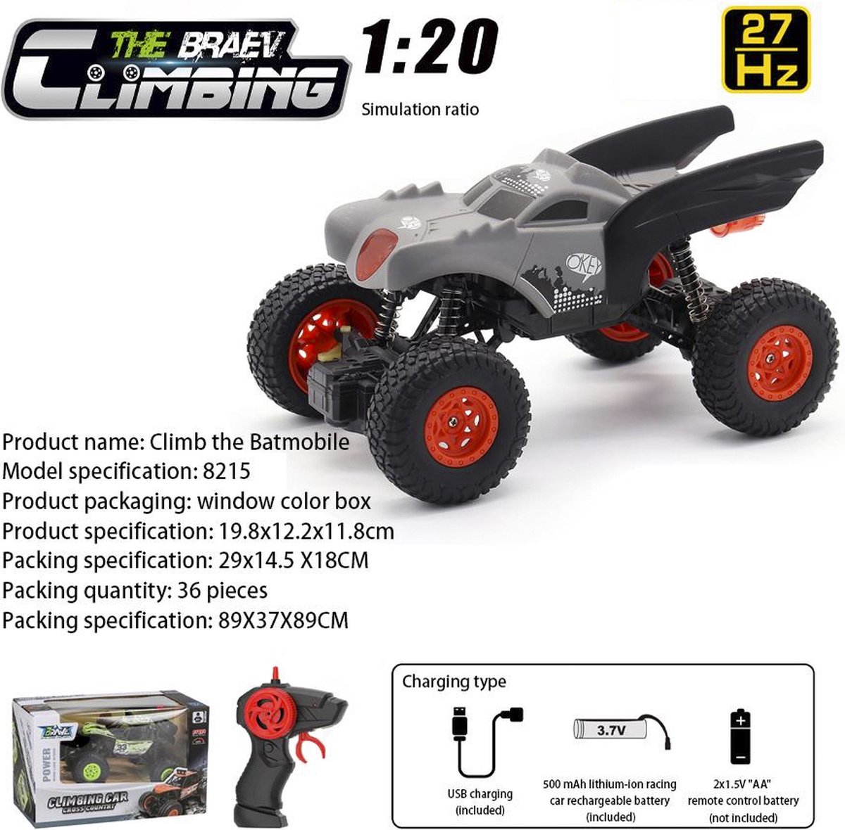 Rc Monster Crawler auto 1:20 - off-road 27 mhz- Little Bat - The Braev Climbing car - afstand bestuurbare buggy