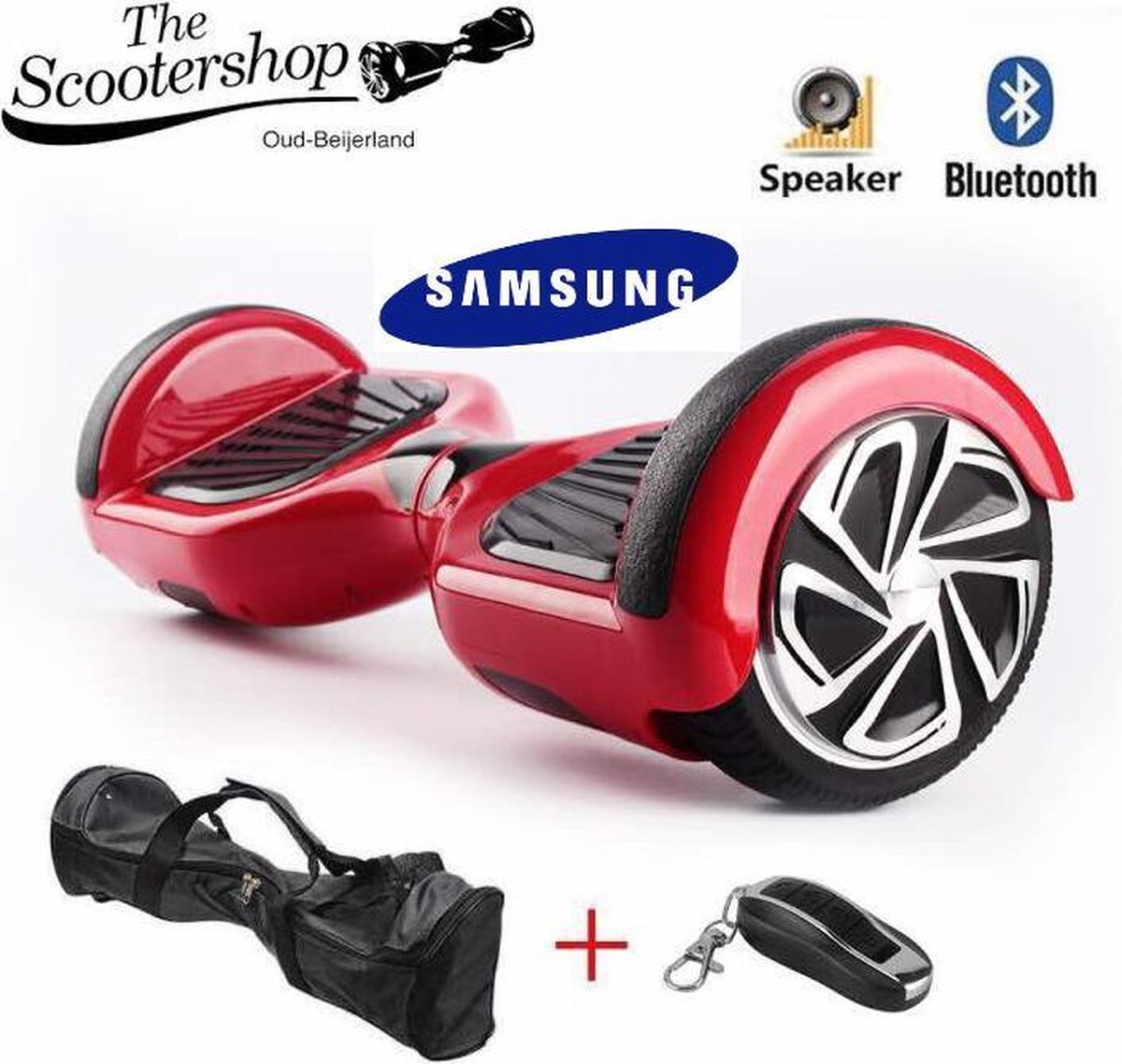 The SCOOTERSHOP Hoverboard ROOD, BLUETOOTH, TAOTAO, SAMSUNG, 700Watt, DRAAGTAS Led verlichting, Afstandsbediening, Aluminium Design velgen, Rubberen bumpers