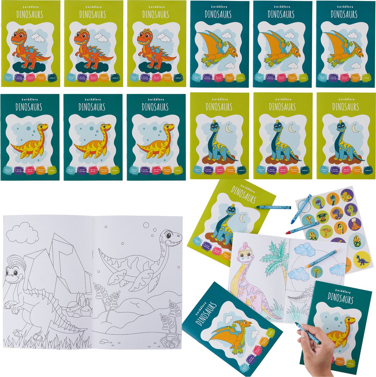 THE TWIDDLERS 12 Kleurboeken voor Kinderen (A5-Formaat), 48 Krijtjes & 12 Stickervellen - Dinosaurussen - Bruiloften, Verjaardagen, Uitdeelcadeautjes, Traktaties