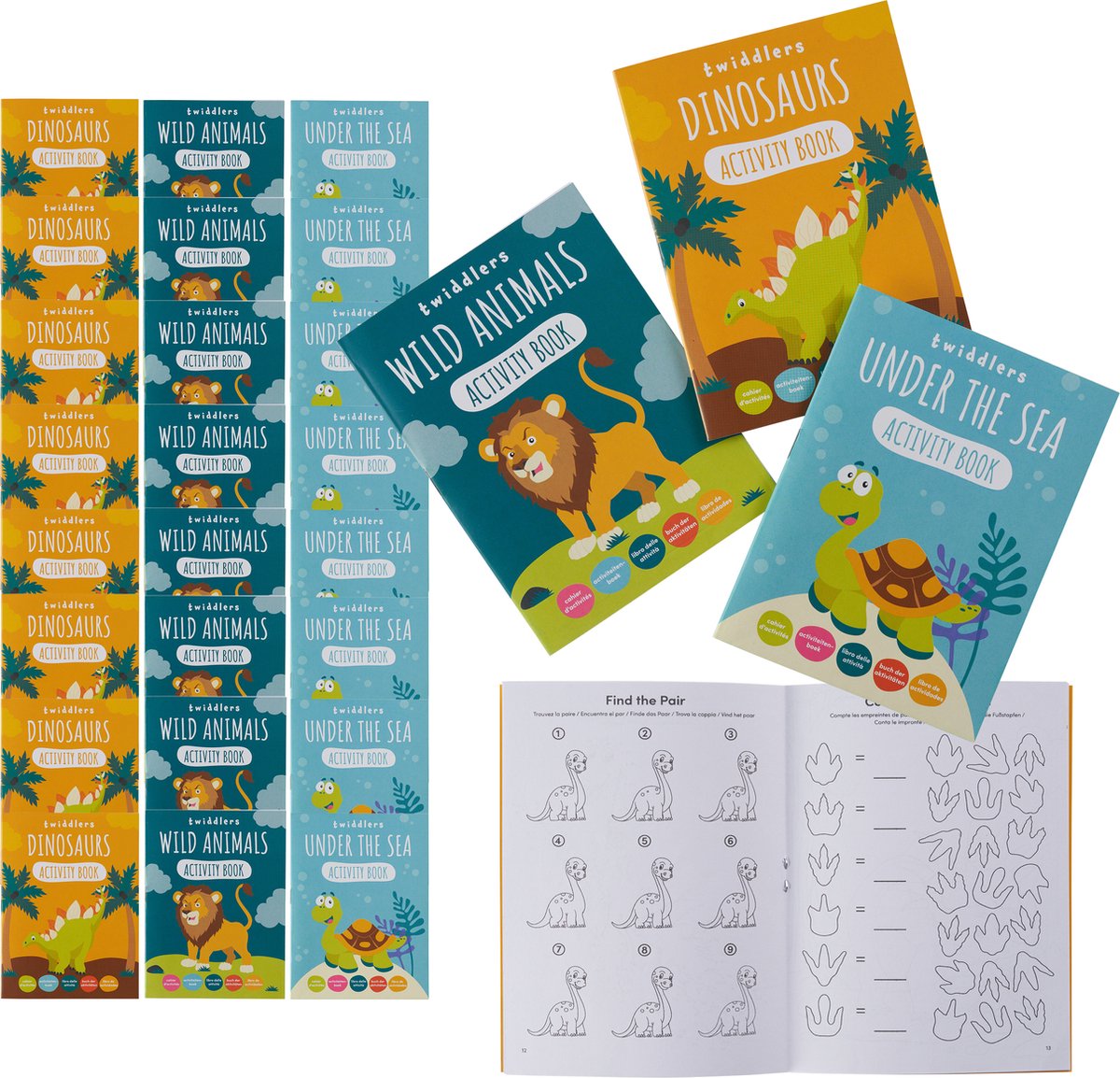 THE TWIDDLERS 24 Mini Activiteiten & Kleurboeken voor Kinderen - Dinosaurussen, Wilde Dieren, Onderwaterdieren - Bruiloften, Verjaardagen, Uitdeelcadeautjes, Traktaties, Weggeef Cadeautjes