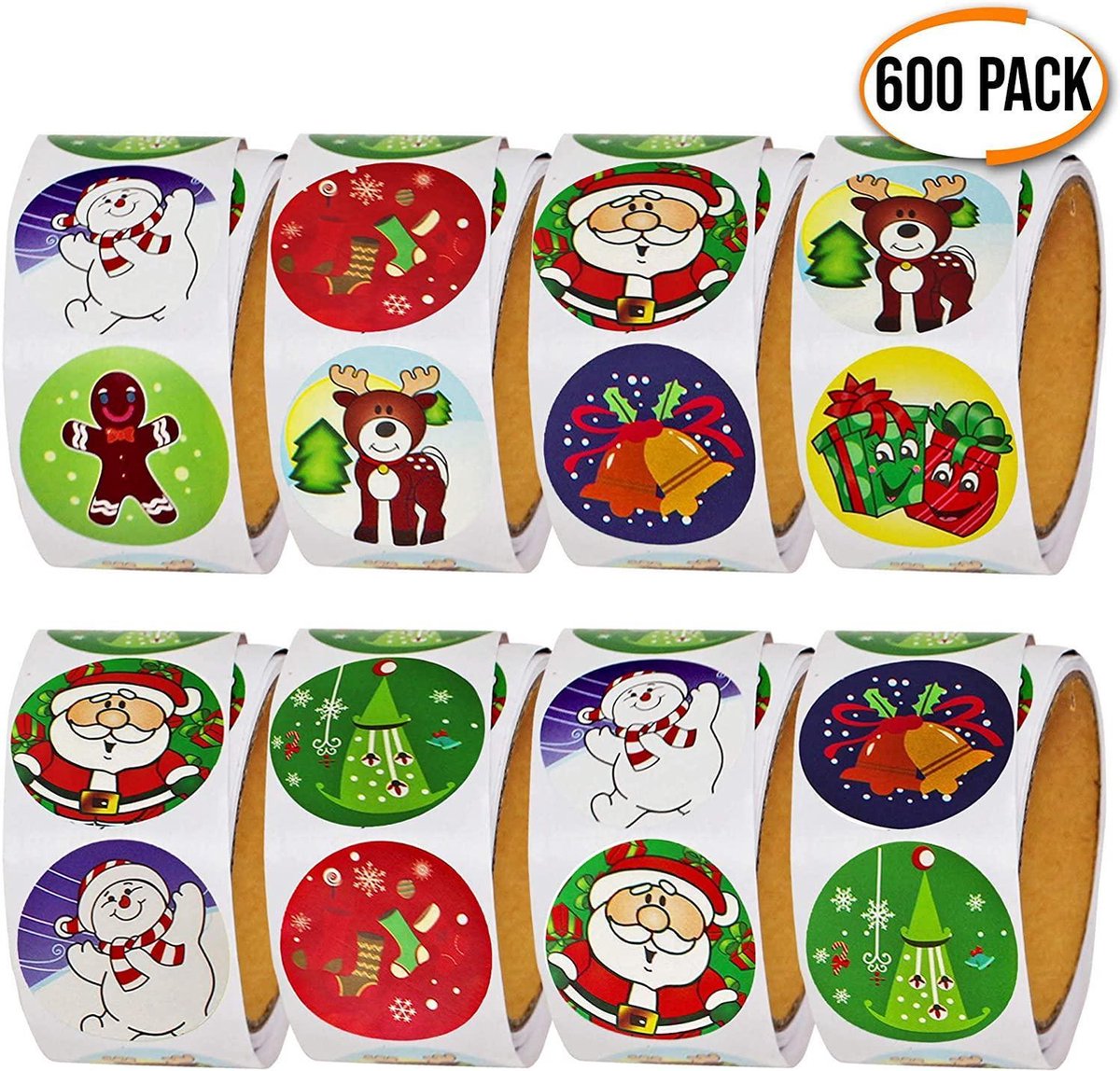 THE TWIDDLERS 600 verschillende kerststickers - 6 rollen van 100 - Grote set met verschillende kerstontwerpen - Verpakkingspapierdecoratie, kinder party fillers