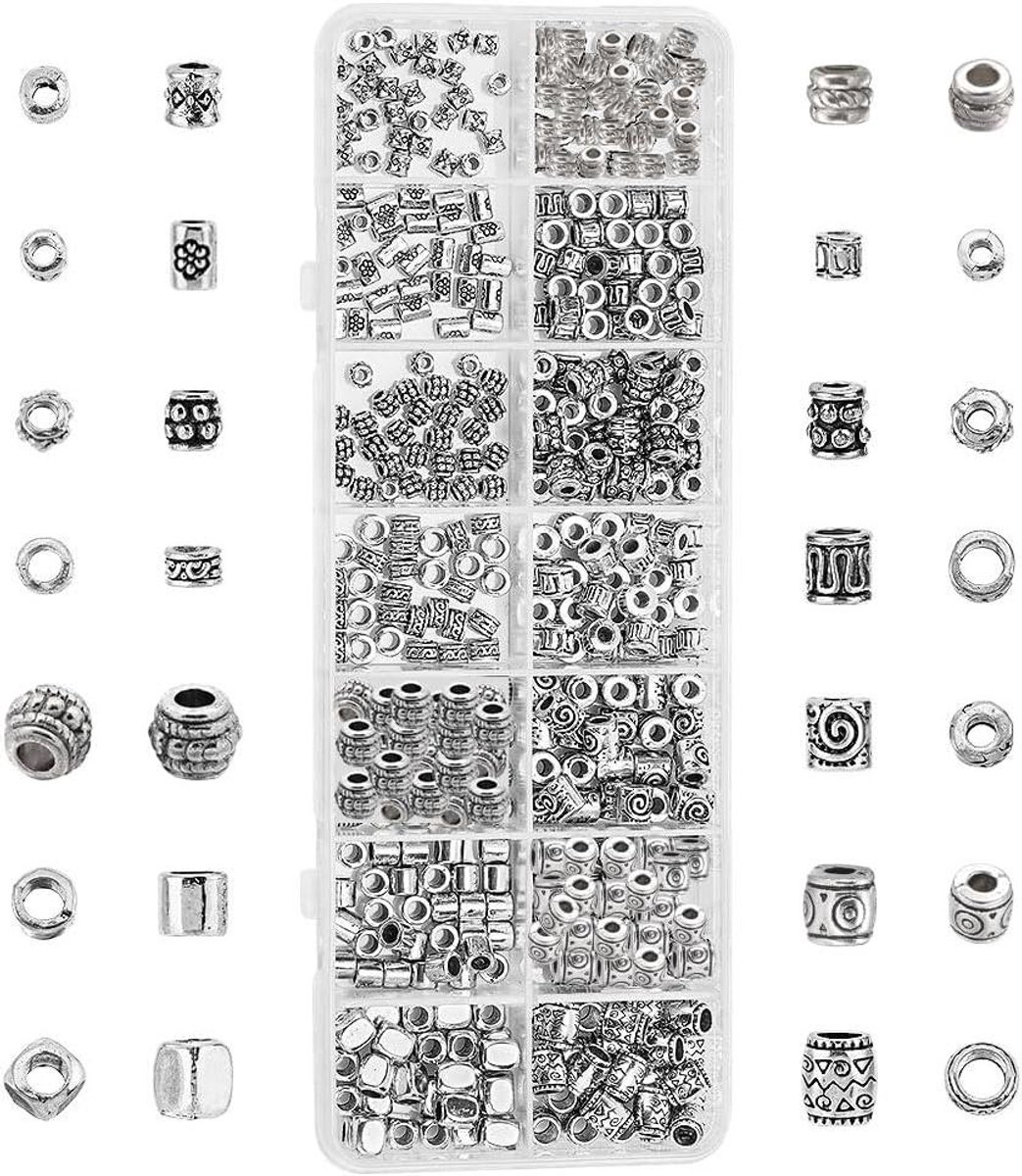   - Set van 405 ronde metalen kralen - Tibetaanse antieke zilveren spacers - Sieraden kralen kit - Armband ketting oorbellen - 14 stijlen.