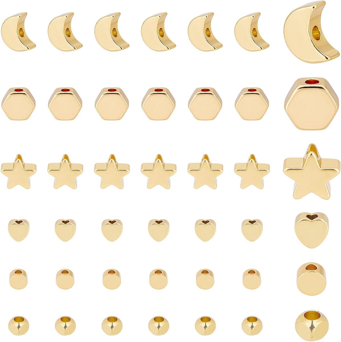  - Spacer kralen set van 120 stuks in 6 stijlen goudkleurige metalen ster hart platte ronde zeshoekige losse messing maan kralen voor sieraden maken - armband, ketting, oorbellen.