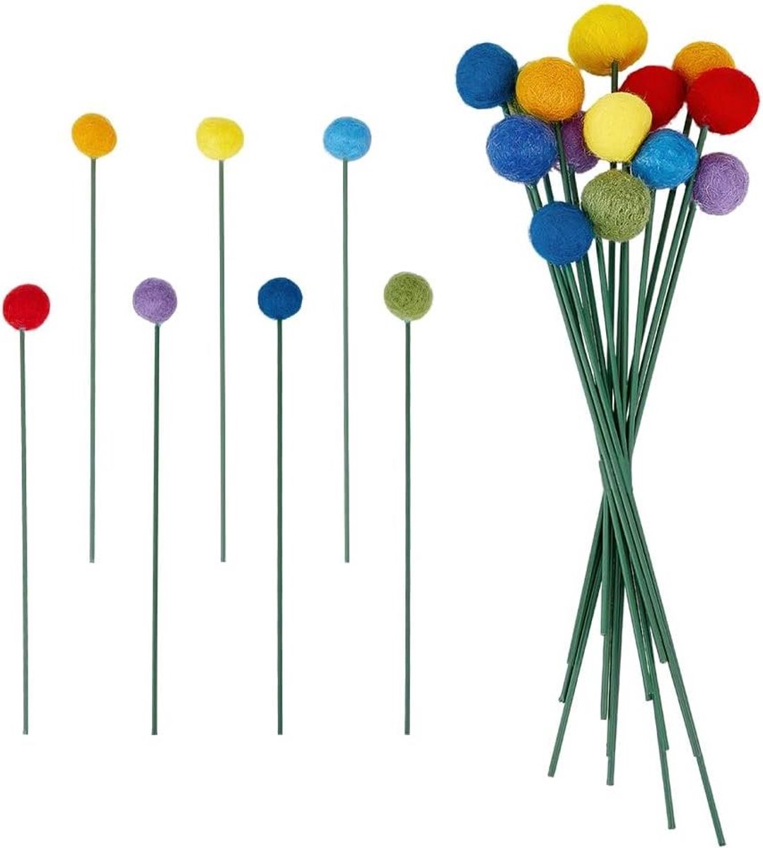   -   Bloemen Bal Boeket - Kleurrijke Wollen Ballen - 22cm Lang - Vazen Decoratie - Thuis & Event - 14 stuks