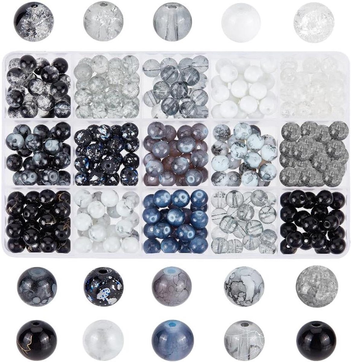   - Zwarte glazen kralen mix voor armbanden en sieraden - 300 stuks - 15 kleuren - Marmeren en geschilderde kralen - Halloween en Ramadan - DIY feest benodigdheden