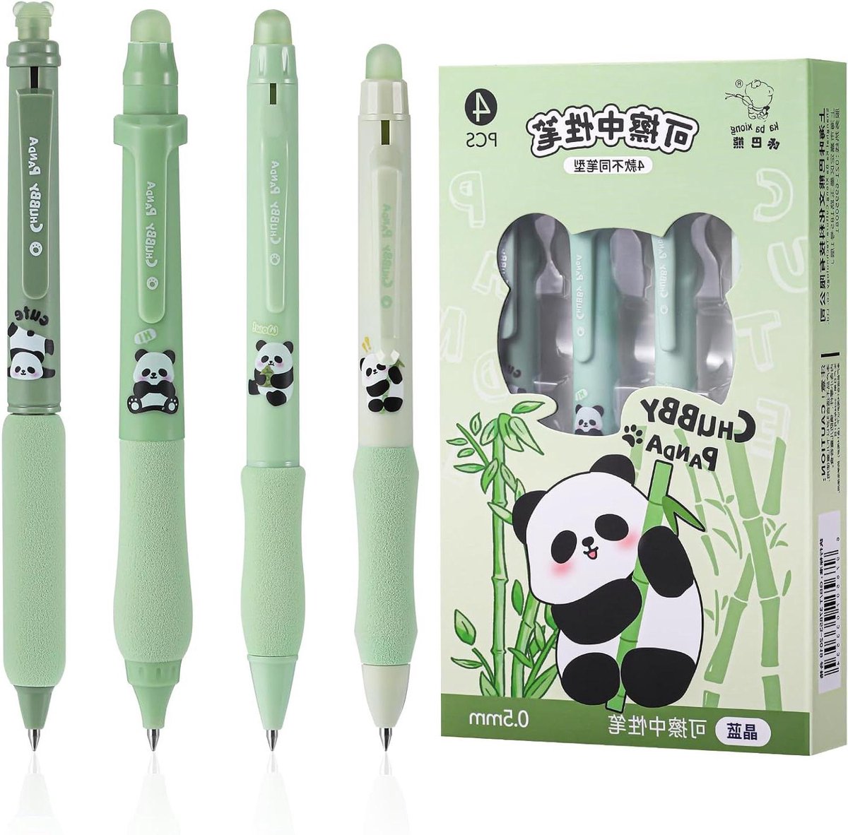 Thelau - - Uitwisbare Blauwe Pennen Set van 4 met Schattig Pandamotief - 0.5MM Rollerball voor Kantoor en School