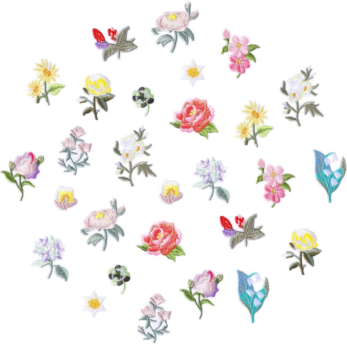 Thelau - 28-delige Mini Bloemen Opstrijkbare Patches, 14 Patronen Decoratieve Geborduurde Patches voor Kleding - Gebloemde Naaiapplicaties voor Kledingstukken, Hoofddeksels, Denim Jacks