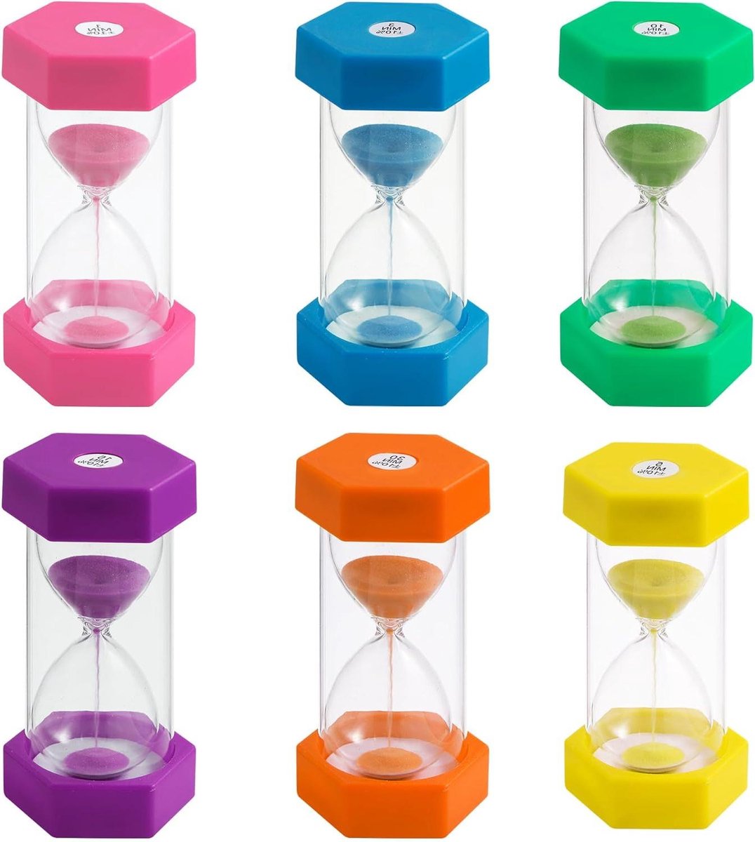 Thelau - 6 stuks kleurrijke zandlopers voor kinderen - Zandloperset met tijdmeter - Speeltiming en leren - Creatieve geschenken - Geschikt voor kinderen - 1/3/5/10/15/30 minuten - Leuk en educatief speelgoed