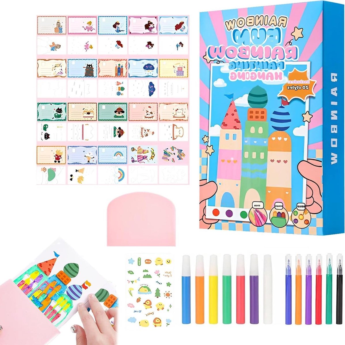 Thelau - Doe-het-zelf regenboog kraskunstset - Creatief knutselpakket voor verjaardagen, Kerstmis en feestjes - inclusief 20 kaarten, 7 stiften, 6 kleurpotloden en schraper