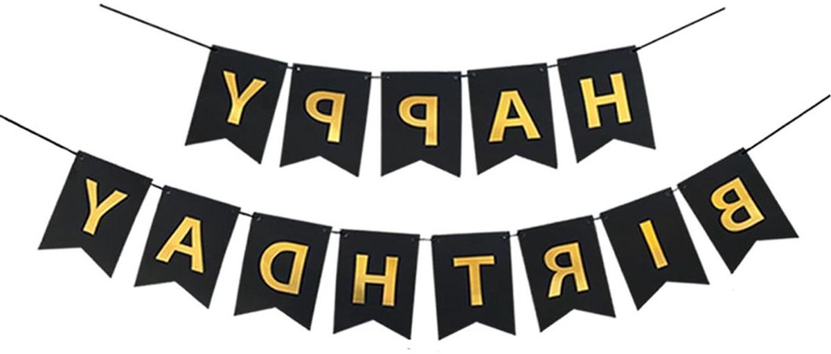 Thelau - Feestelijke Happy Birthday-banner in zwart en goud - Persoonlijke decoratie voor verjaardag, ceremonie en meer