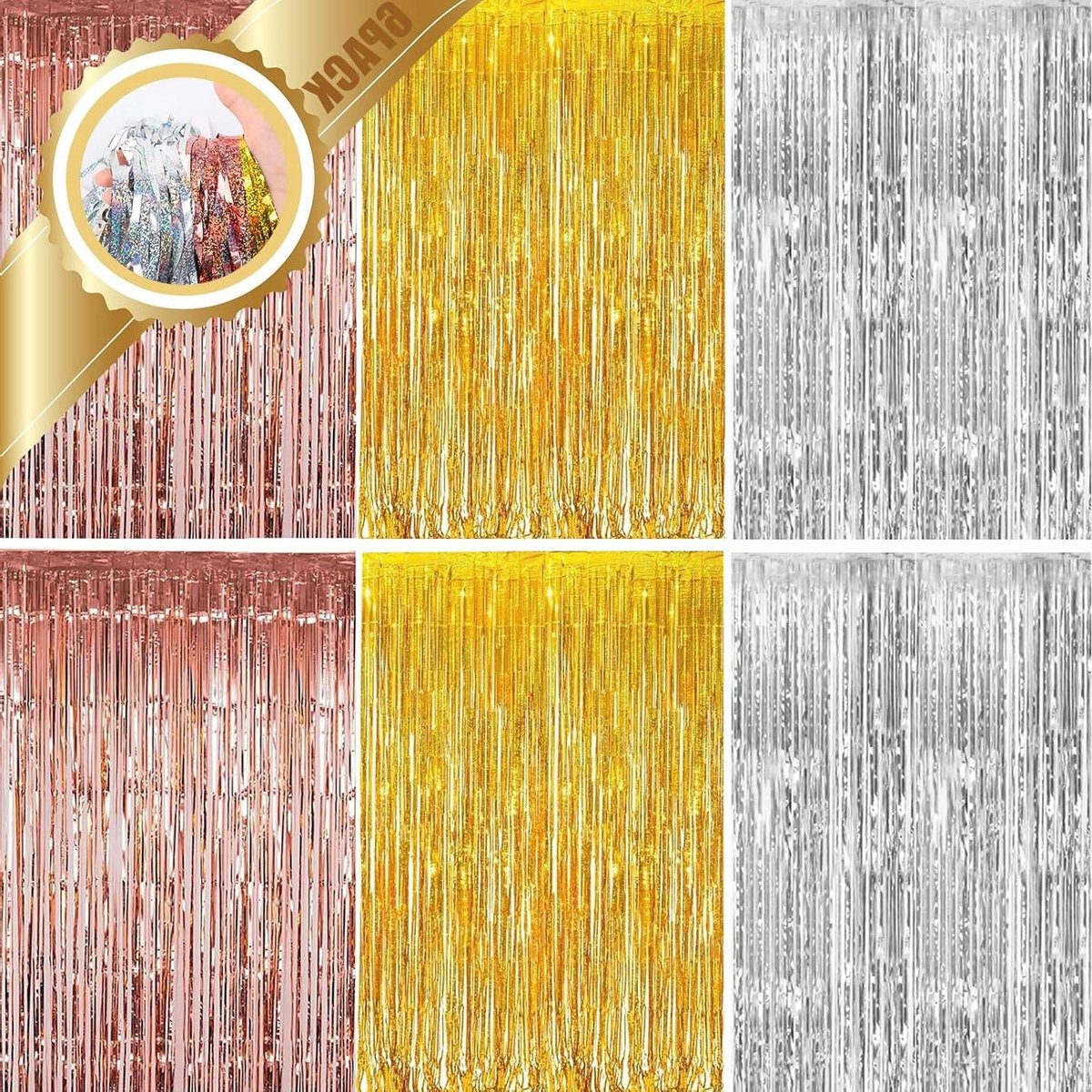 Thelau - Metalen Gordijnen, 6 stuks Metallic Klatergoud Gordijnen 1m x 2m - Folie Gordijn voor Kerst, Halloween, Verjaardag - DIY Foto-booth Decoraties in Zilver, Goud en Roségoud