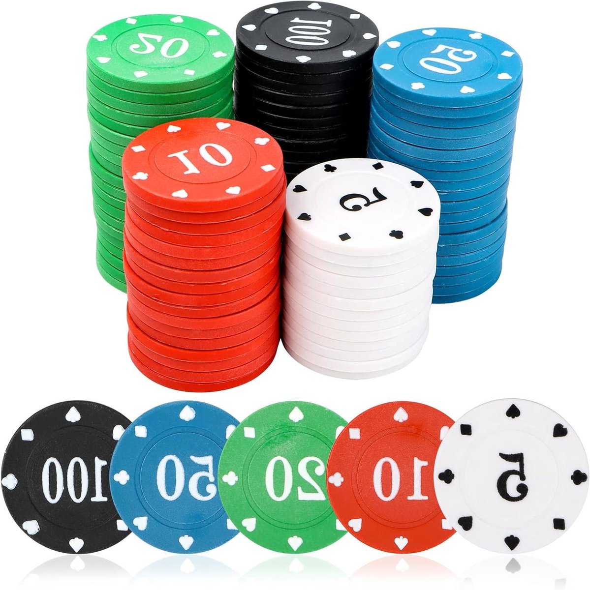 Thelau - Set van 100 Casino Pokerchips met Nominale Waarden - Speelchips en Box voor Poker, Blackjack en Casinospellen