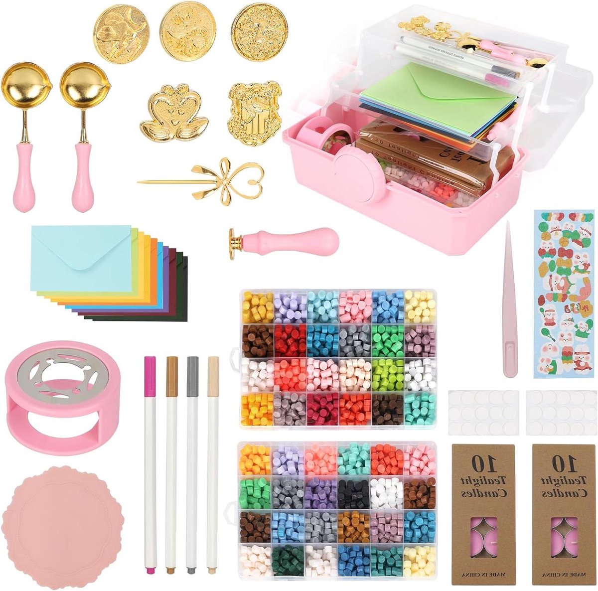 Thelau - Zegelwasset met 48 kleuren zegelwax-kralenset en 1200 stuks zegellakkralen - Inclusief waszegelstempelset, achthoekige zegelwas, smeltlepels, waszegelstempels, zegelwasverwarmers en kaarsen