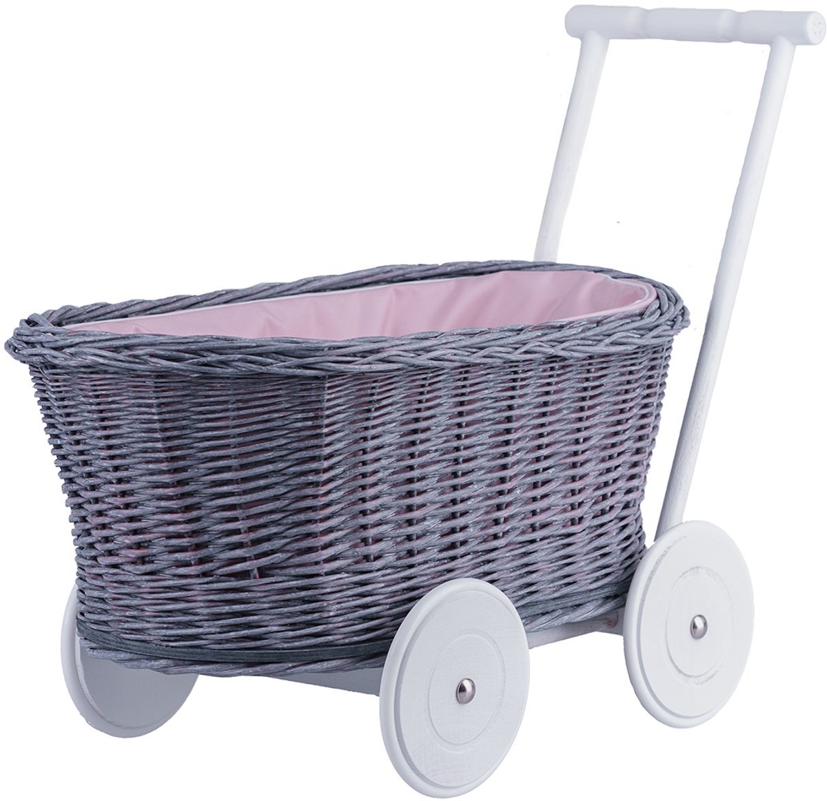 The Wicker Stories – Rieten poppenwagen en speelgoedkar – in pastelgrijze kleur met pastelroze stoffen voering aan de binnenkant, handgemaakt in Europa.