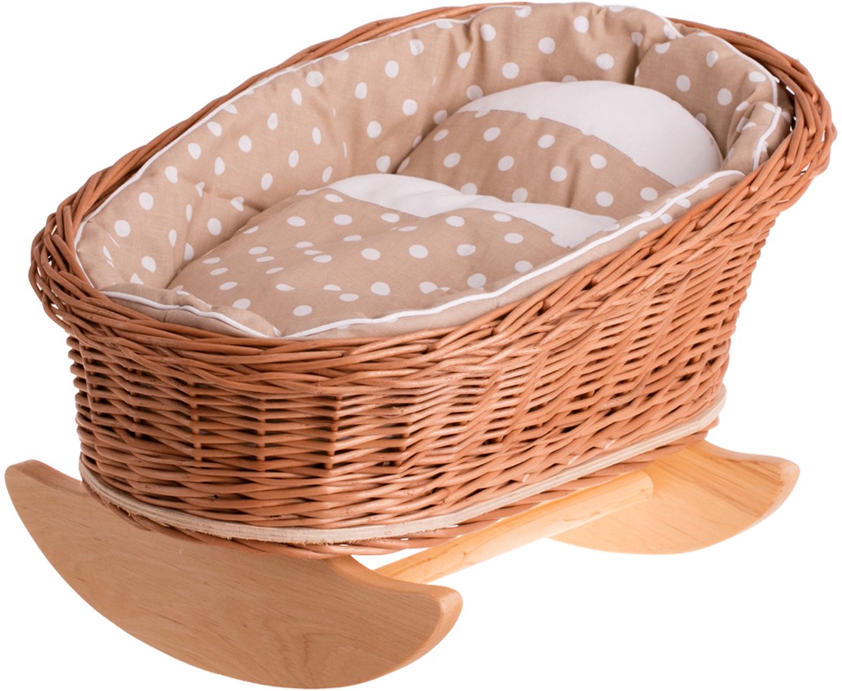   - Mimi wieg voor poppen met beige afwerking, kussen en dekbed 46cm - Rieten poppenwieg - natuurlijk