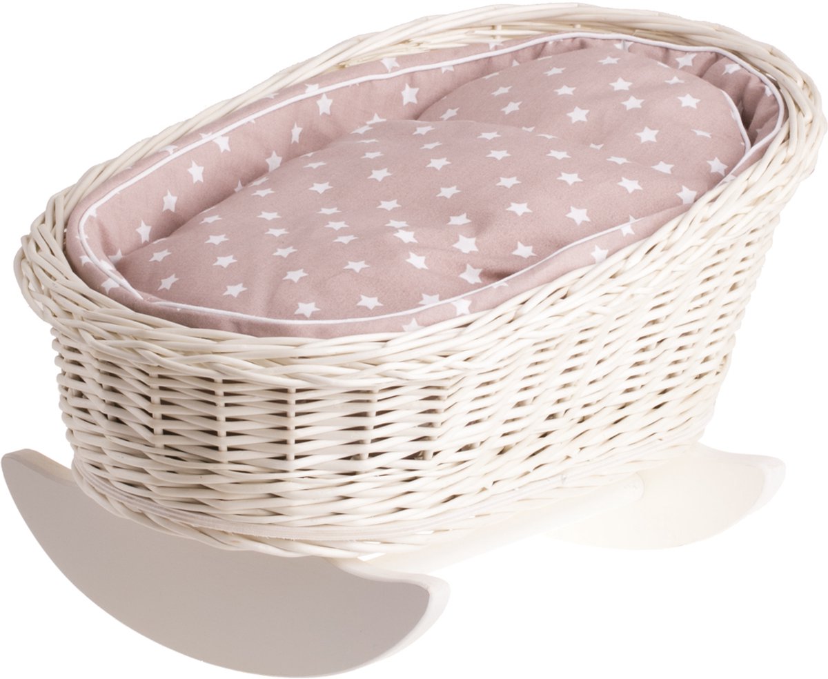   - Mimi wieg voor poppen met beige afwerking, kussen en dekbed 46cm - Rieten poppenwieg - natuurlijk