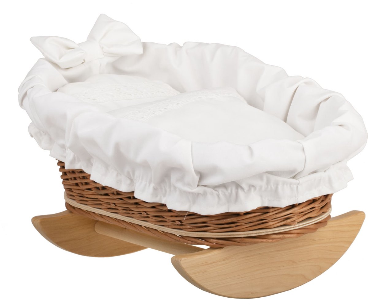   - Mimi wieg voor poppen met witte afwerking, kussen en dekbed 46cm - Rieten poppenwieg - natuurlijk