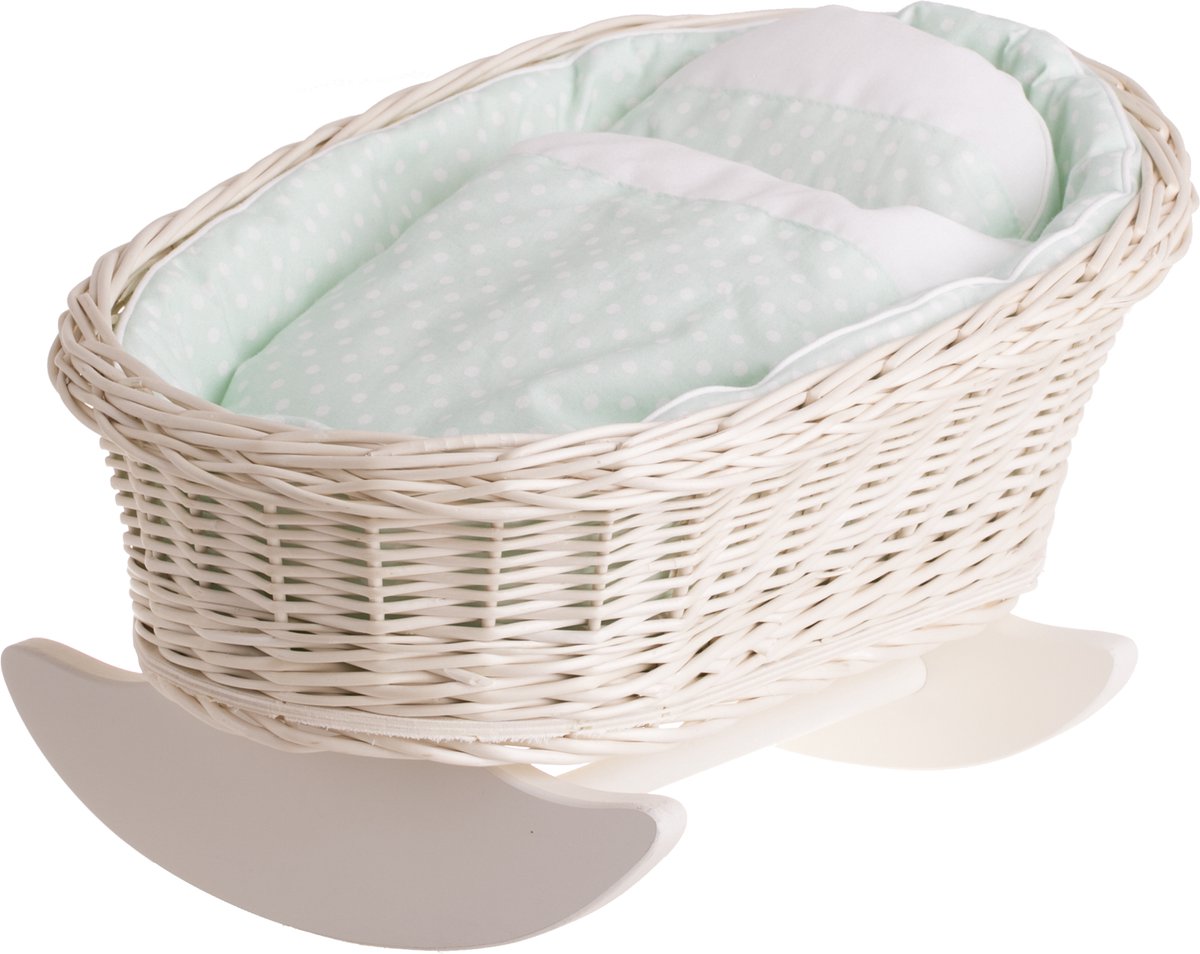 Wicker24 Mimi - Poppenwieg met kussen en deken - Perfect als cadeau voor een meisje - Licht / Munt