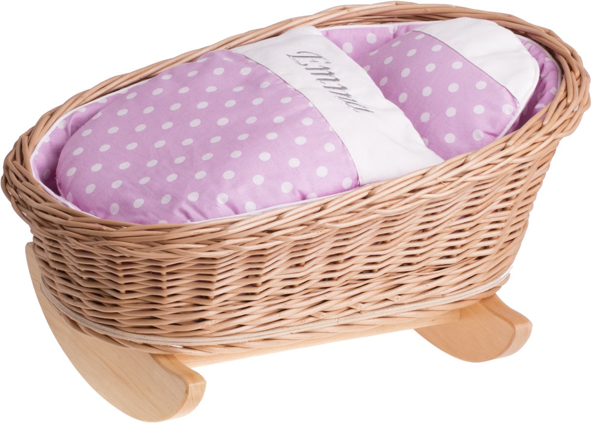 Wicker24 Mimi - Poppenwieg met kussen en deken - Perfect als cadeau voor een meisje - Natuurlijk / Roze