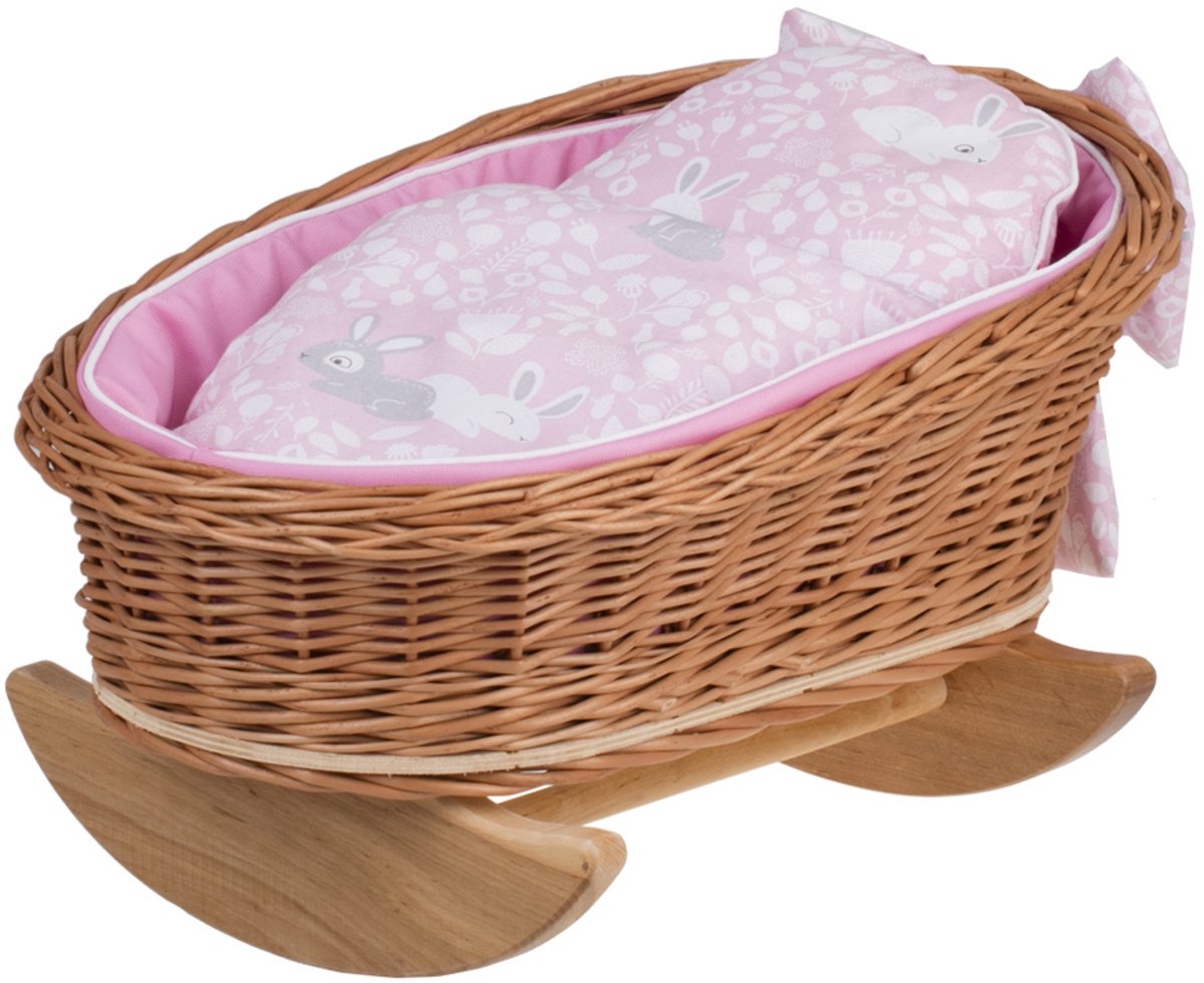 Wicker24 Mimi - Poppenwieg met kussen en deken - Perfect als cadeau voor een meisje - Natuurlijk / Roze