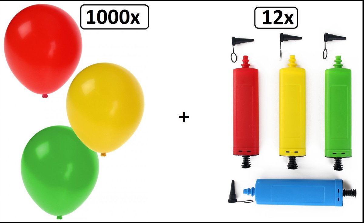 1000x Ballon rood/geel/groen + 12x ballonpomp - Carnaval themafeest festival feest party