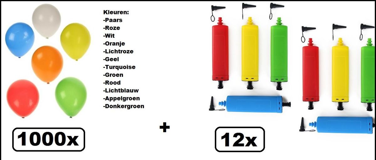 1000x Ballonnen assortie met 12x ballon pompen