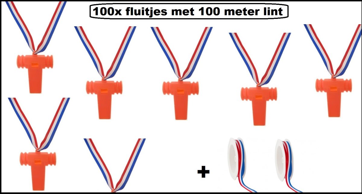 100x Fluitje Brasil oranje 2-tonig + 100 meter lint - Holland nederland lint fluit brazilie thema feest EK WK oranje festival