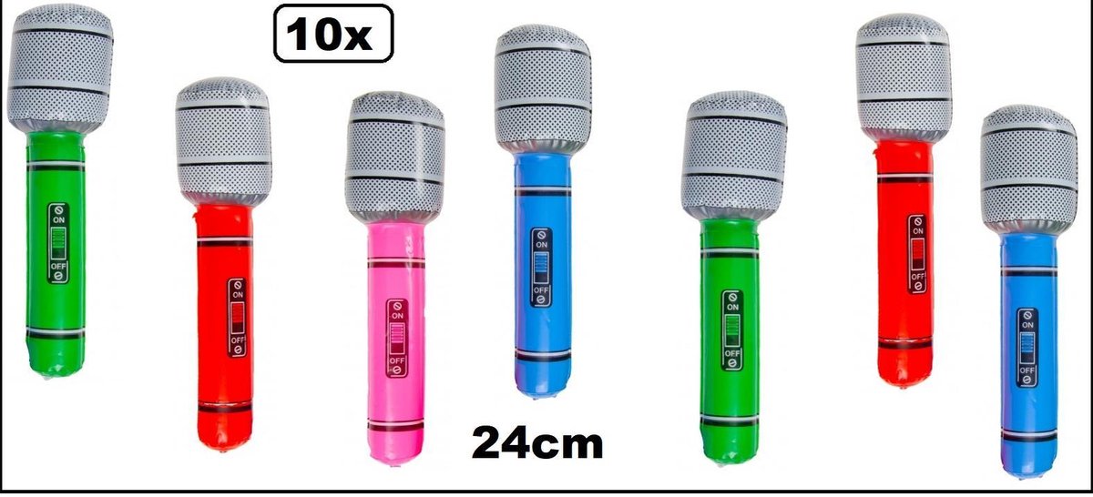 10x Opblaasbare microfoon 24 cm assortie - Opblaas muziek mic geluid festival feestje thema party feest fun