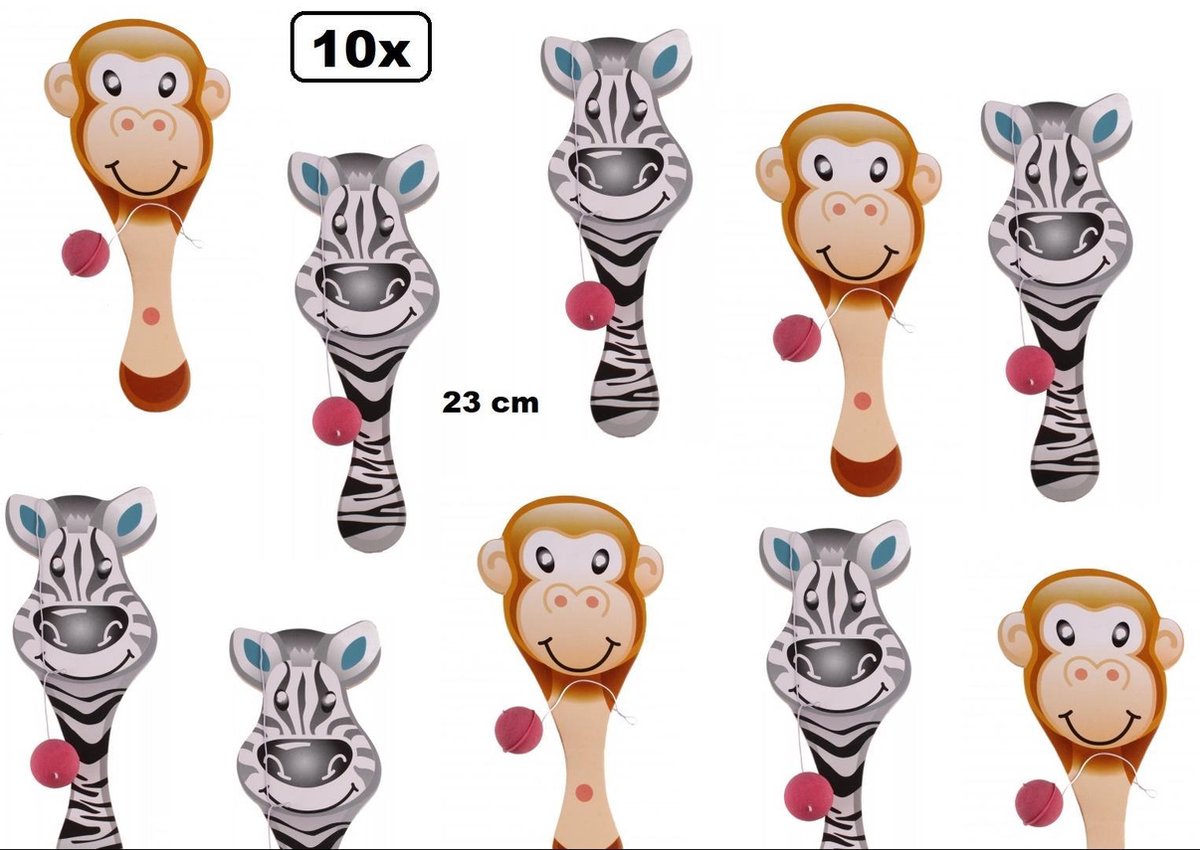 10x Racket met bal aap/zebra 23 cm assortie - speelgoed sinterklaas thema feest verjaardag uitdeel kado