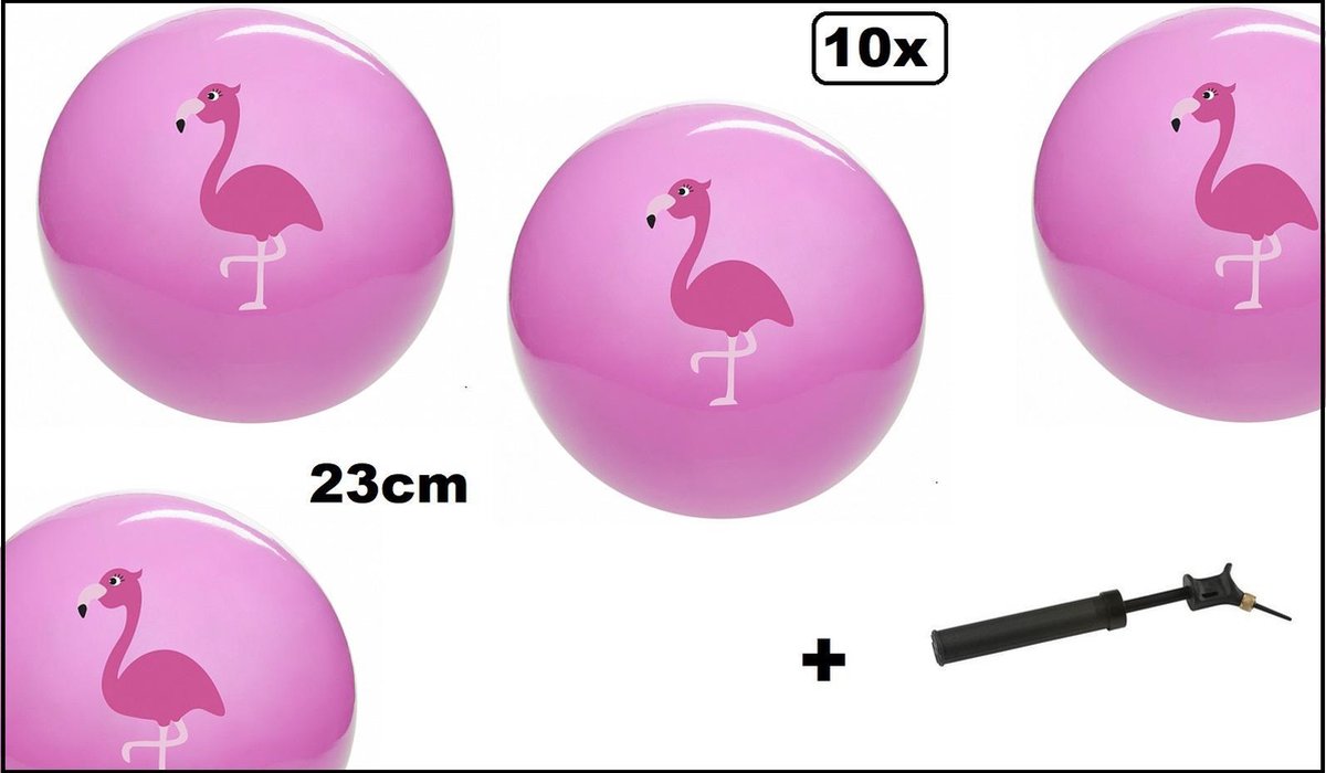 10x Speel bal Flamingo 23 cm met ballenpomp - Voetbal trefbal sport en spel gymzaal strand bal volleybal speelgoed fun festival thema feest