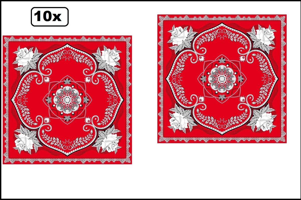 10x Zakdoek rood met bloemen motief 63 x 63 cm.