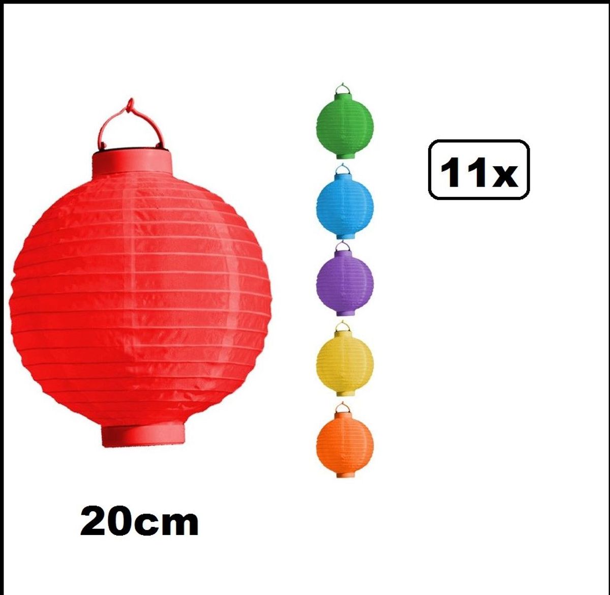 11x Lampion met led-licht 20 cm. 6 verschillende kleuren