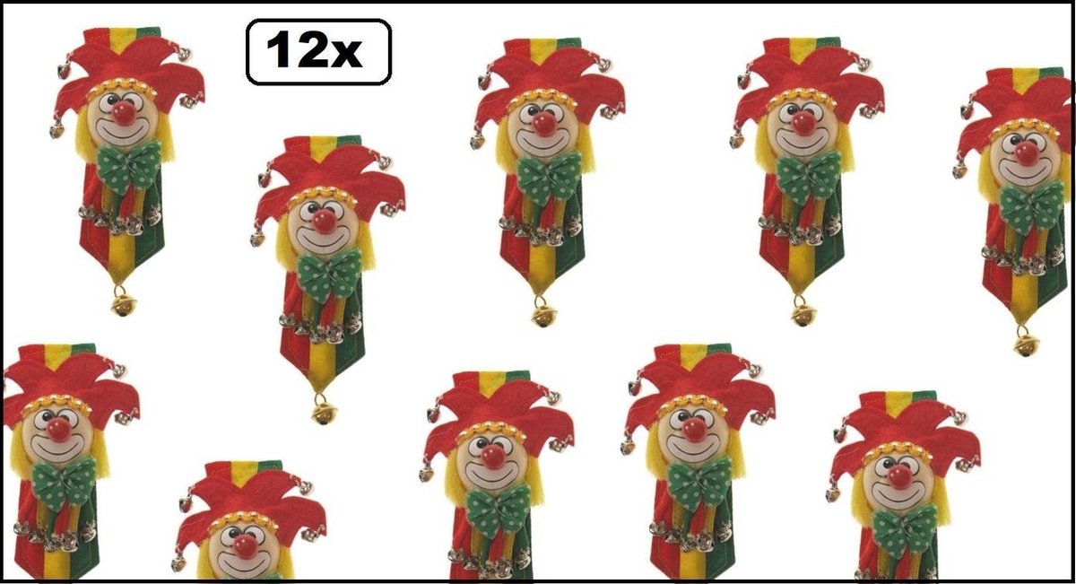 12x Broche clown op banner rood/geel/groen - carnaval thema feest broche festival fun feest