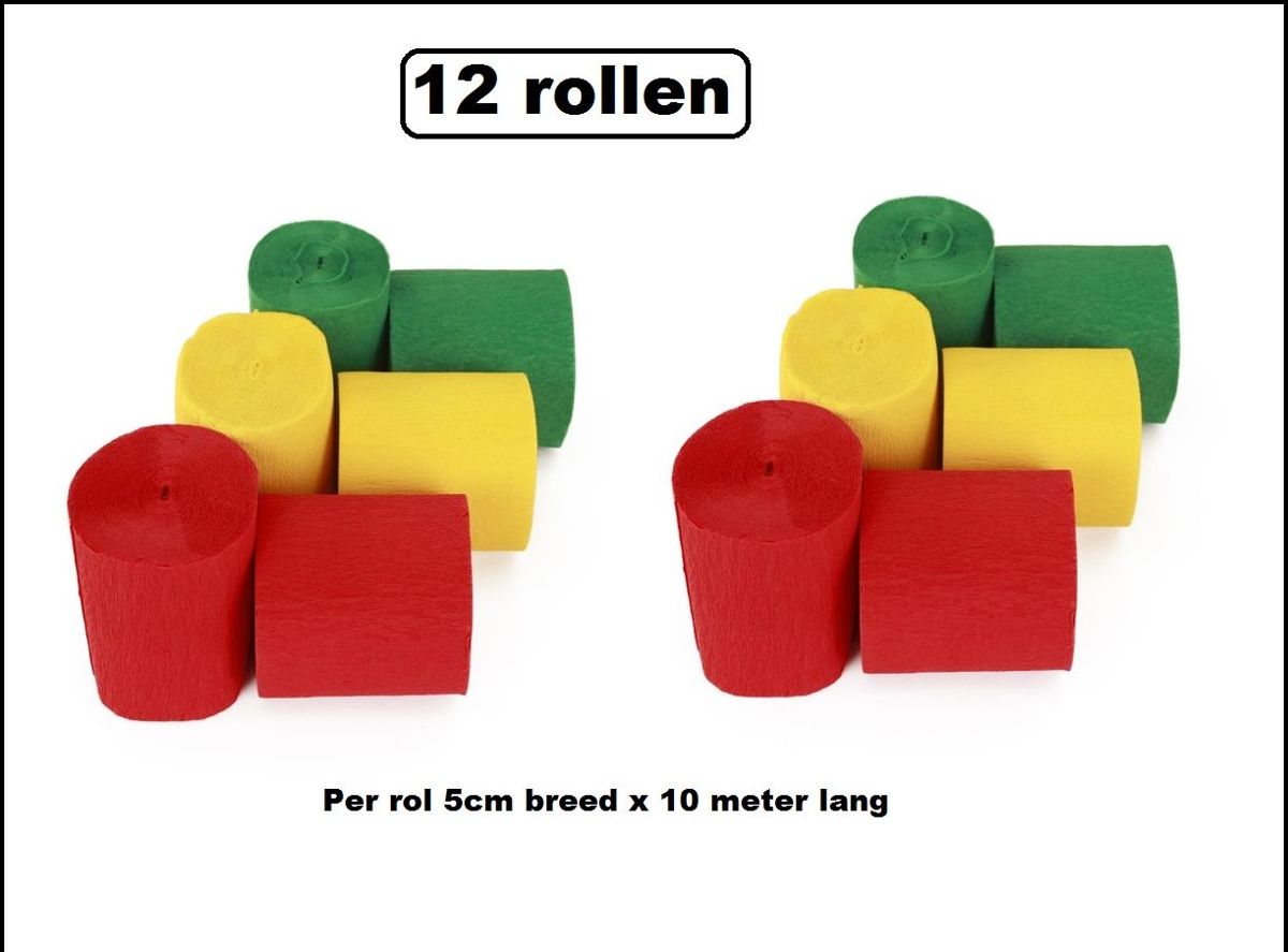 12x Crepe rollen rood/geel/groen 10 meter brandveilig